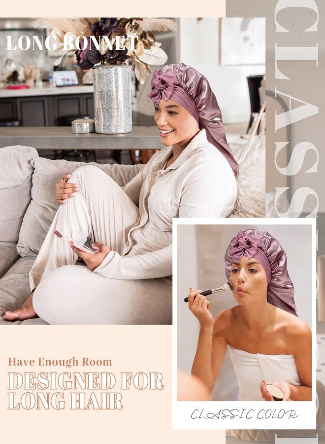 CHLINS Long Bonnet Satin Bonnet for Sleeping Women Double Layer Hair Bonnet Braid Bonnet with Stretchy Tie Band(Bean Paste) - Image 3
