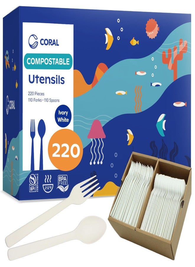 CORAL Ivory White 100% Compostable Spoons & Forks Set - 220 Pieces - No Plastic Utensil 110 Forks, 110 Soup Spoons - Break Resistant with Smooth Edges, Ocean Friendly Alternative to Plastic Silverware - Image 1