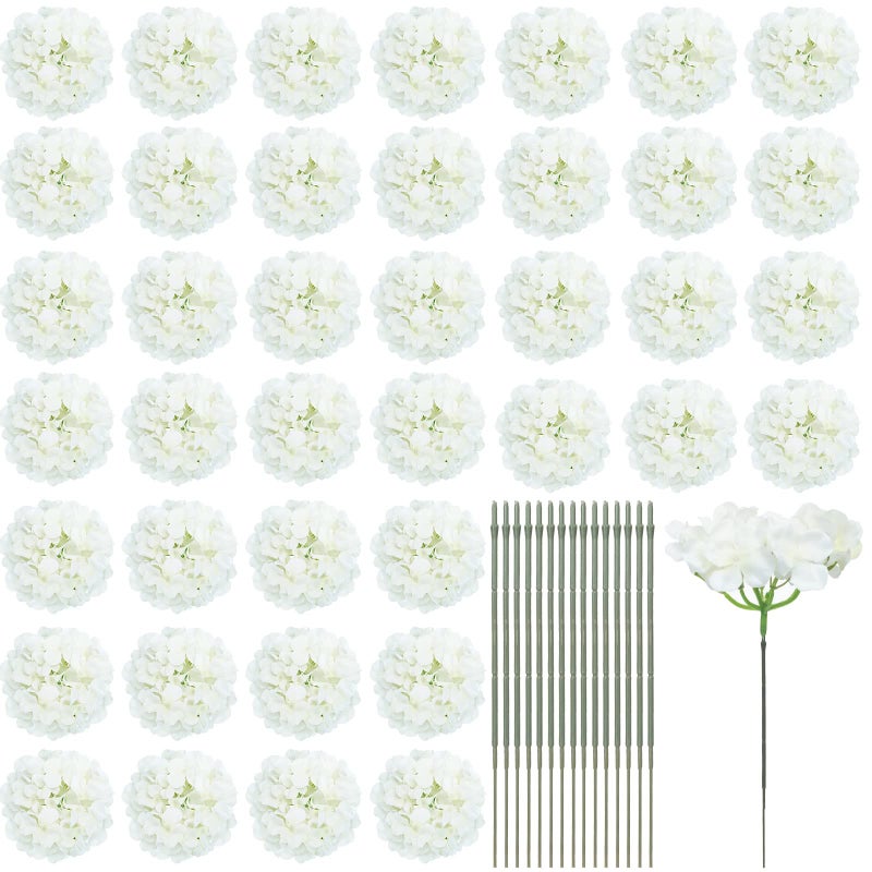 Janinka 60 Pieces Silk White Hydrangea Artificial Flowers Heads Full Hydrangea Flowers with 100 Pcs Stems Faux White for Wedding Centerpieces Long Fake Bouquet for Home Decor Indoor Garden
