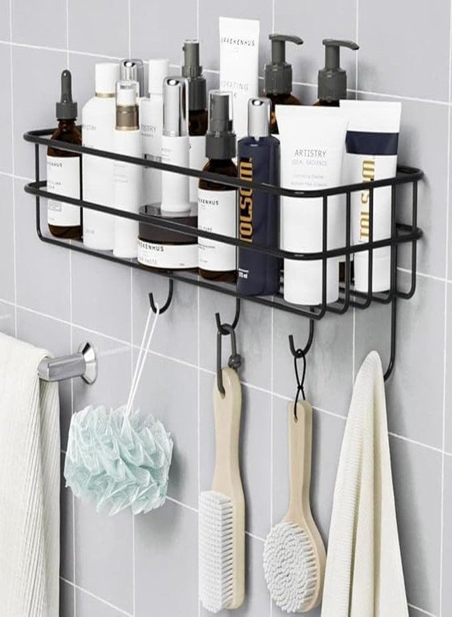Copelle Stainless Steel Bathroom Shelf for Wall, Self Adhesive Bathroom Organiser, 4 Hooks for Towel Holder, Space-Saving Wall Mounted Bathroom Shelf with Elegant Design (Pack of 1, Black) - Image 1