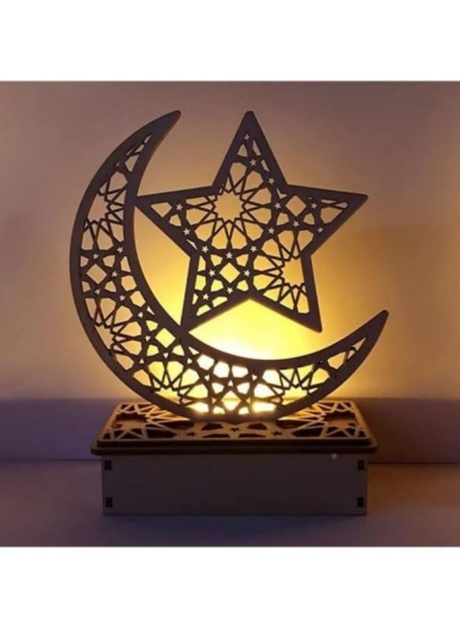 Wooden Eid Crafts Night Light Moon Night Lights LED DIY Mubarak Lights Islamic Palace LED Moon Tabletop Lights 3D Ramadan Mubarak Lamp Decorations for Home Party Supplies