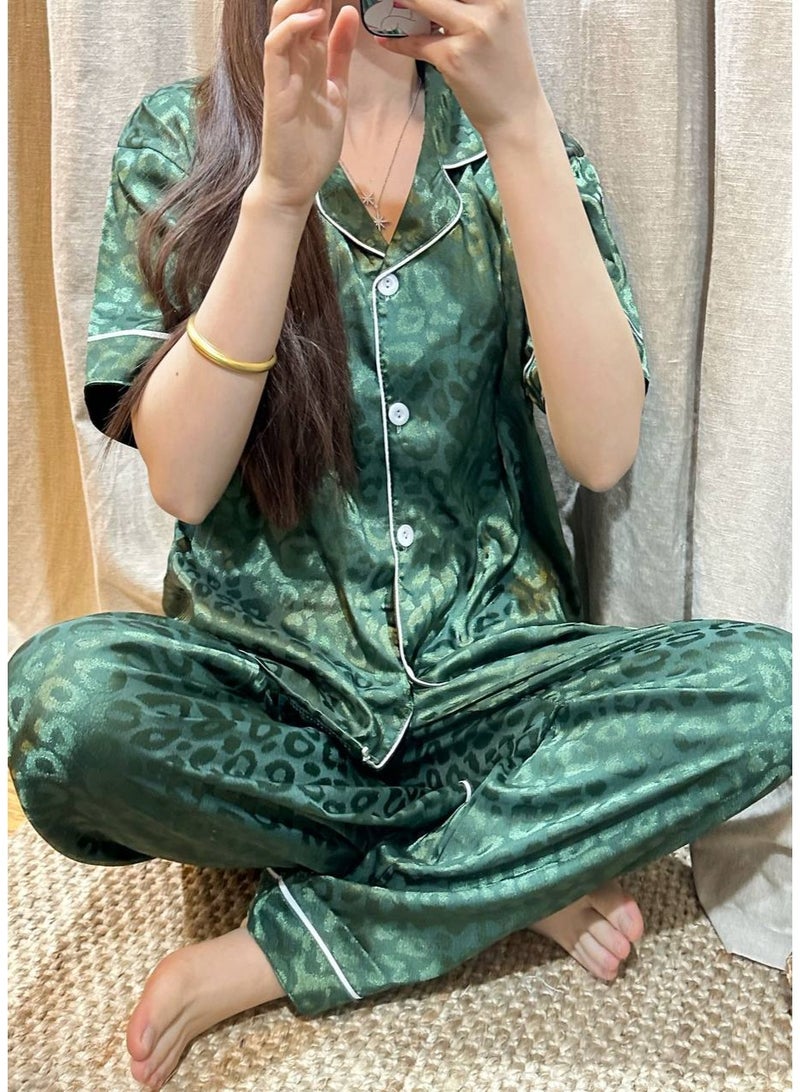 Ladies Satin Sleepwear Set 2 Piece, Soft Button Front Pajama Set with Short Sleeve Top and Long Pants, Comfortable Night Suit for Women