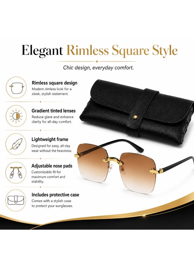 Elegant Rimless Square Sunglasses with Brown Gradient Lenses and Protective  Case - Image 2