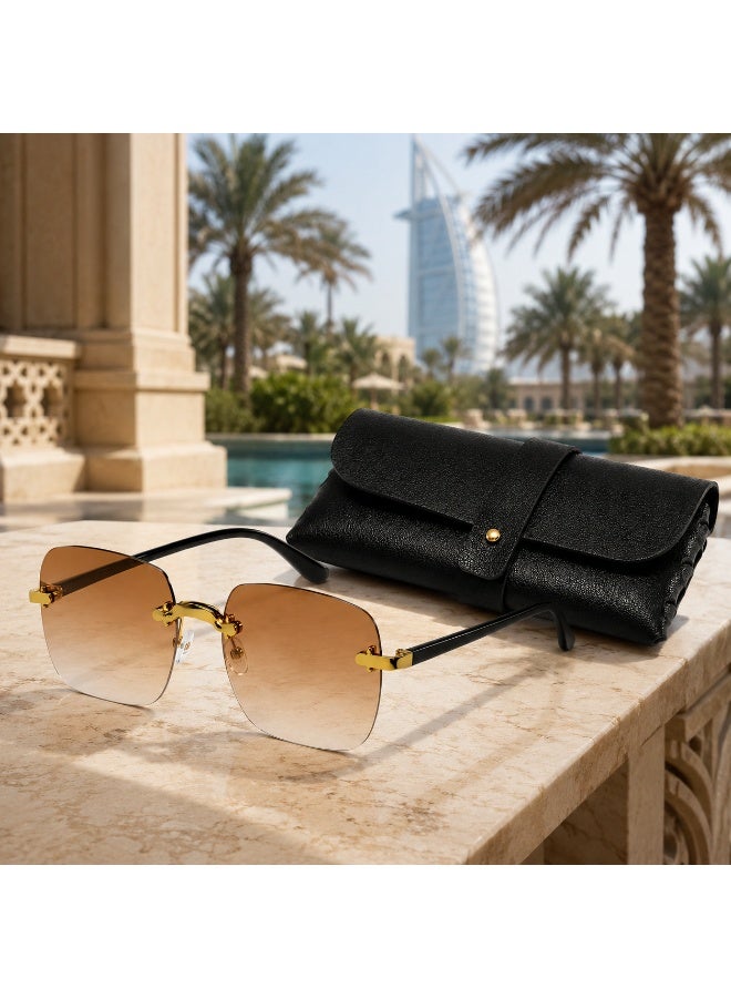 Elegant Rimless Square Sunglasses with Brown Gradient Lenses and Protective  Case - Image 4