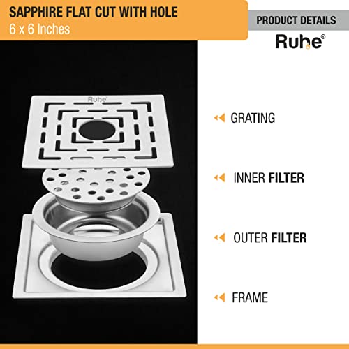 Ruhe® Sapphire Square Flat Cut Floor Drain | 304-Grade Stainless Steel Floor Drainer with Hole & Cockroach Trap (6 x 6 Inches) | Floor Drainer for Bathroom, Balcony - Image 3