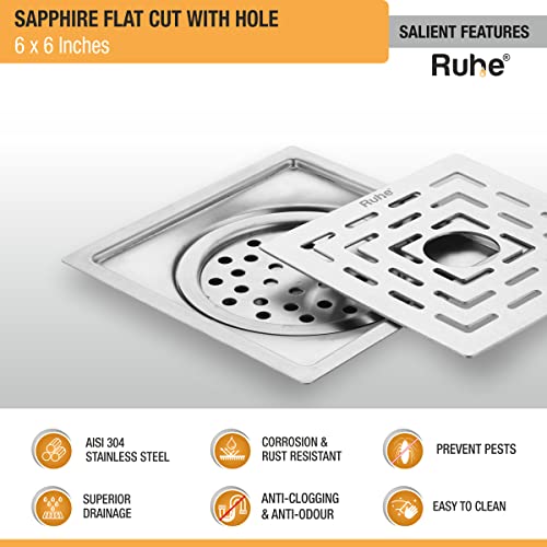 Ruhe® Sapphire Square Flat Cut Floor Drain | 304-Grade Stainless Steel Floor Drainer with Hole & Cockroach Trap (6 x 6 Inches) | Floor Drainer for Bathroom, Balcony - Image 4