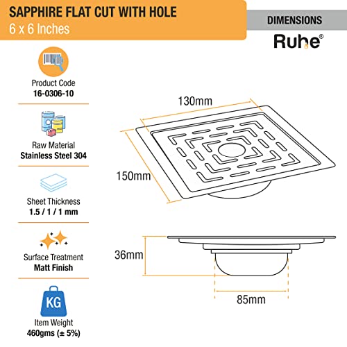 Ruhe® Sapphire Square Flat Cut Floor Drain | 304-Grade Stainless Steel Floor Drainer with Hole & Cockroach Trap (6 x 6 Inches) | Floor Drainer for Bathroom, Balcony - Image 2