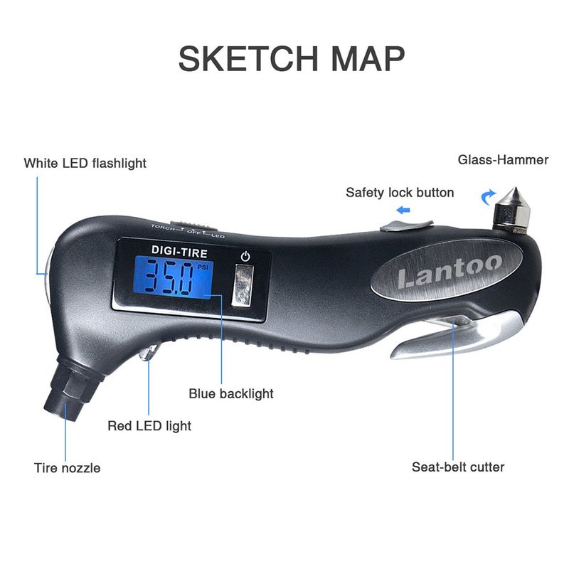 Lantoo مقياس ضغط الإطارات الرقمي 150 PSI – أداة طوارئ 5 في 1 للسيارات والشاحنات والدراجات – تتضمن قاطع حزام الأمان، وكاسر زجاج، ومصباح LED، وضوء أمان أحمر - عبوة واحدة - Image 3