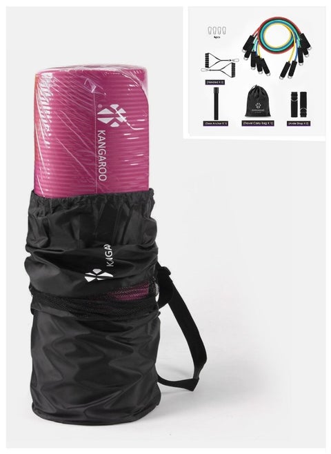 A set of exercise mats, 15 mm thick, pink, with comprehensive resistance bands
