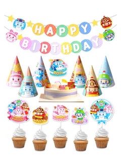 Robocar Poli Birthday Party Supplies [2Pack] Happy Birthday Banner Garland Cake Cupcake Toppers Cone Hats Set For Boy Girl Kids Party Decorations  - Image 1