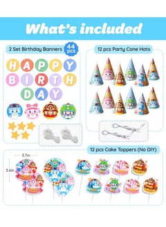 Robocar Poli Birthday Party Supplies [2Pack] Happy Birthday Banner Garland Cake Cupcake Toppers Cone Hats Set For Boy Girl Kids Party Decorations  - Image 4