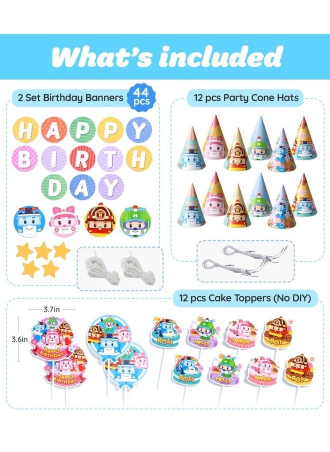 Robocar Poli Birthday Party Supplies [2Pack] Happy Birthday Banner Garland Cake Cupcake Toppers Cone Hats Set For Boy Girl Kids Party Decorations  - Image 4