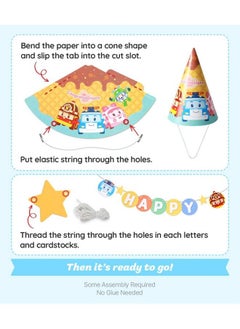 Robocar Poli Birthday Party Supplies [2Pack] Happy Birthday Banner Garland Cake Cupcake Toppers Cone Hats Set For Boy Girl Kids Party Decorations  - Image 5