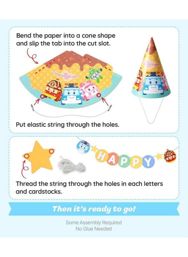 Robocar Poli Birthday Party Supplies [2Pack] Happy Birthday Banner Garland Cake Cupcake Toppers Cone Hats Set For Boy Girl Kids Party Decorations  - Image 5