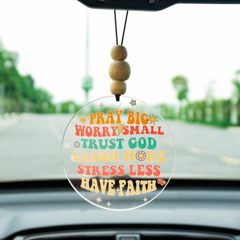 Talataca Christian 2D Flat Car Ornament & Wood Beads  Inspirational Quotes Beaded Rear View Mirror Accessories  Rearview Hanging Charm  Christmas Tree Decor  Religious Gift - Image 1