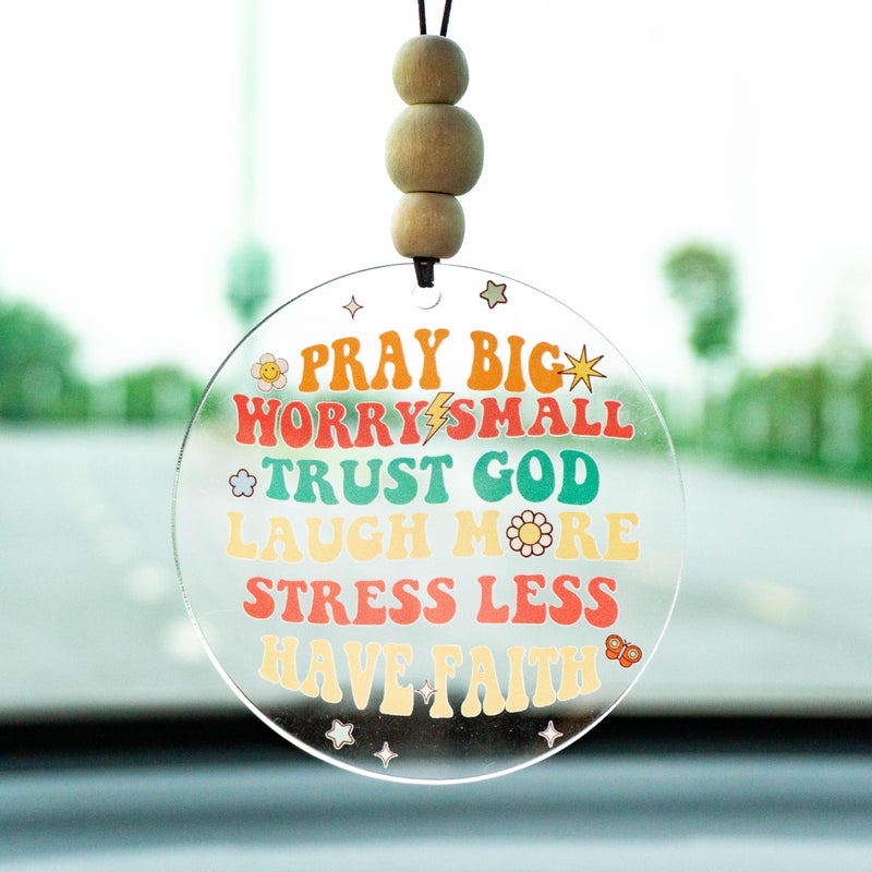 Talataca Christian 2D Flat Car Ornament & Wood Beads  Inspirational Quotes Beaded Rear View Mirror Accessories  Rearview Hanging Charm  Christmas Tree Decor  Religious Gift - Image 3