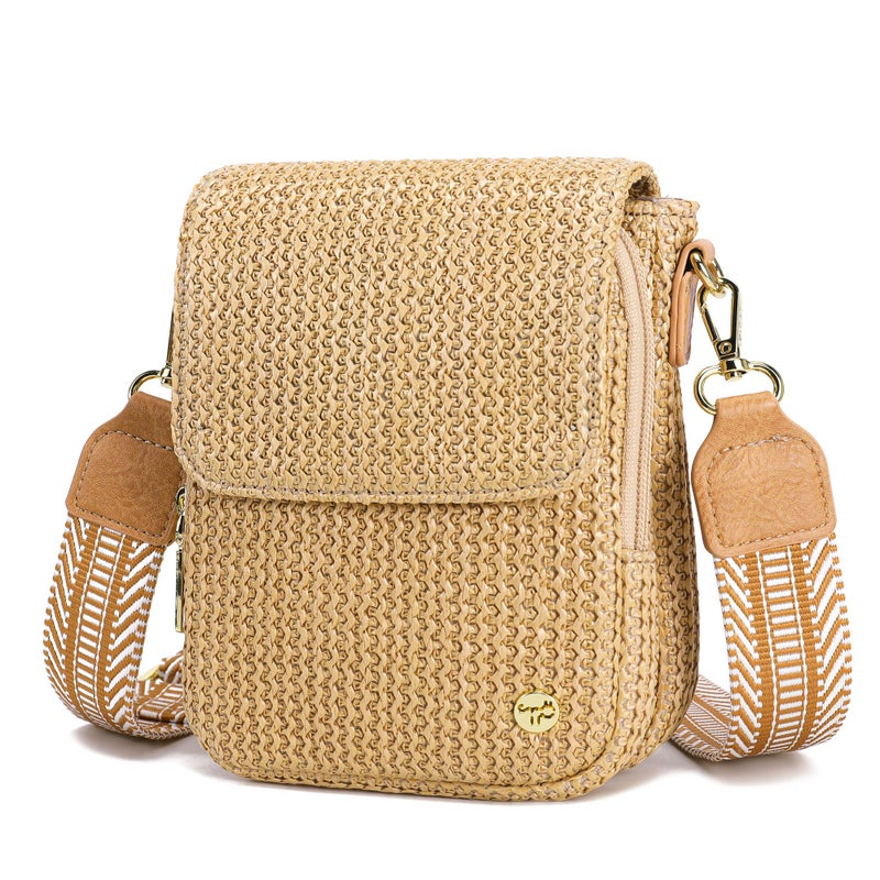 Haytijoe Faux Straw Crossbody Bags for Women Small Summer Purse RFID Woven Phone Bag Travel Beach Hawaiian Essentials Gifts(Khaki With Brown) - Image 1