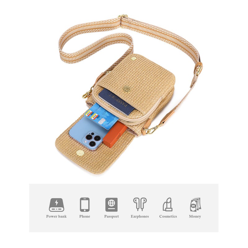 Haytijoe Faux Straw Crossbody Bags for Women Small Summer Purse RFID Woven Phone Bag Travel Beach Hawaiian Essentials Gifts(Khaki With Brown) - Image 5