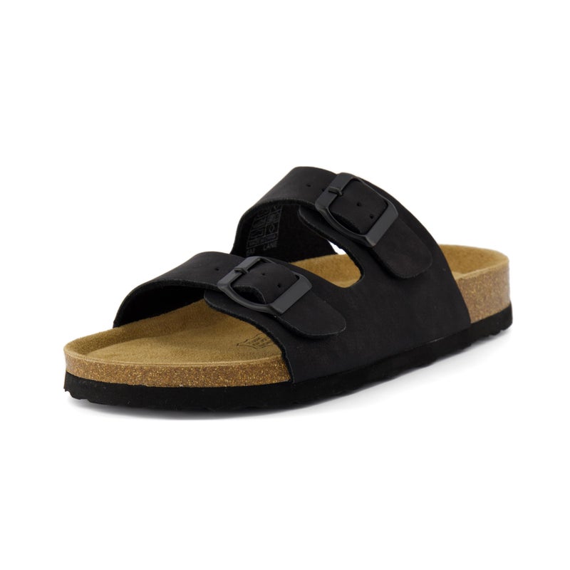 CUSHIONAIRE CUSHIONAIRE Lane Cork Footbed Sandals for Women – Comfortable Double Buckle Slip-On with Genuine Suede Footbed & Arch Support Slides for Women Footwear, BLACK 7 - Image 1