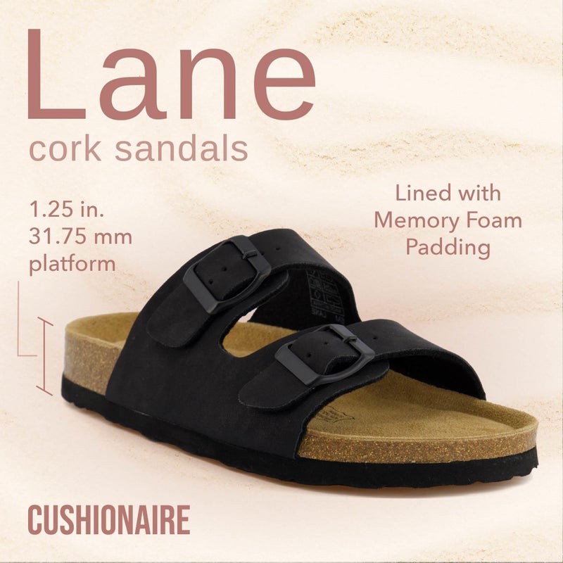 CUSHIONAIRE CUSHIONAIRE Lane Cork Footbed Sandals for Women – Comfortable Double Buckle Slip-On with Genuine Suede Footbed & Arch Support Slides for Women Footwear, BLACK 7 - Image 2