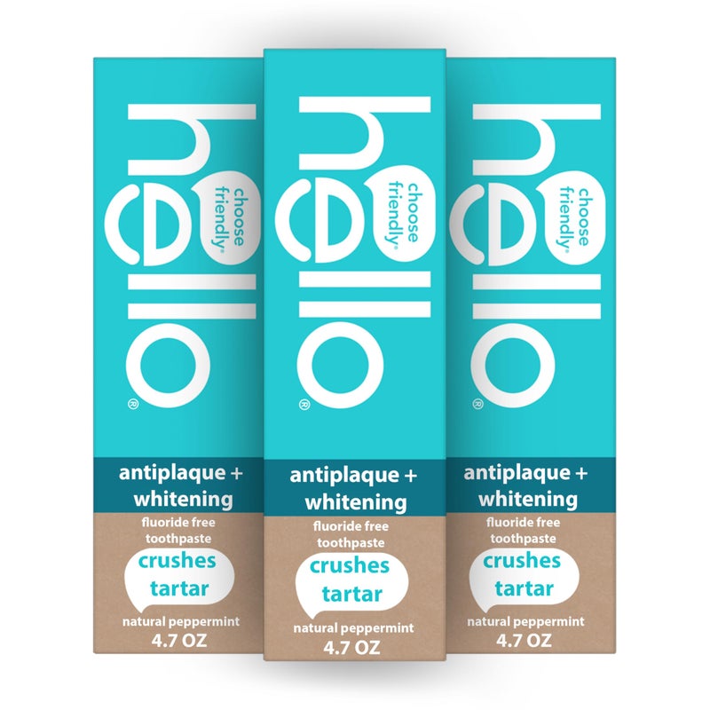 hello Antiplaque and Whitening Fluoride Free Toothpaste, Whitening Toothpaste with Coconut Oil and Tea Tree Oil, Helps Whiten Teeth, Natural Peppermint, 3 Pack, 4.7 Oz Tubes - Image 1
