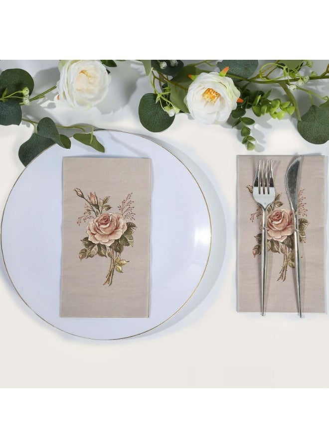 دوغي عبوة مكونة من 20 منديل ورقي بتصميم وردي عتيق مع طباعة زهور العاج، مناديل عشاء ذات طبقتين ناعمتين أنيقة مناسبة لحفلات الحدائق - Image 4