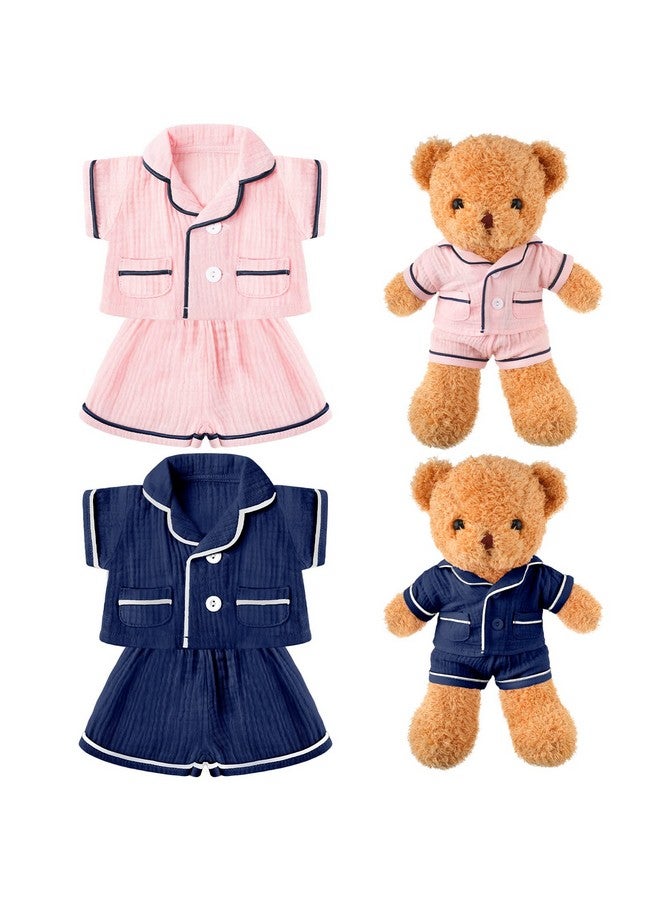 Hungdao Hungdao 2 Sets Bear Clothes Stuffed Animal Accessories Pink and Blue Bear Pajamas Clothes Double Layer Muslin Short Sleeve Top and Bottom Pajamas Fits Most 14-18 Inch  - Image 1