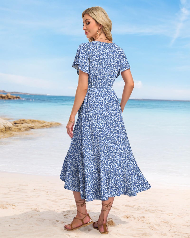 AUSELILY Women Summer Midi Dresses Wrap Short Flutter Sleeve V Neck Boho Slit Flowy Ruffle Dress Wedding Guest Dresses - Image 5