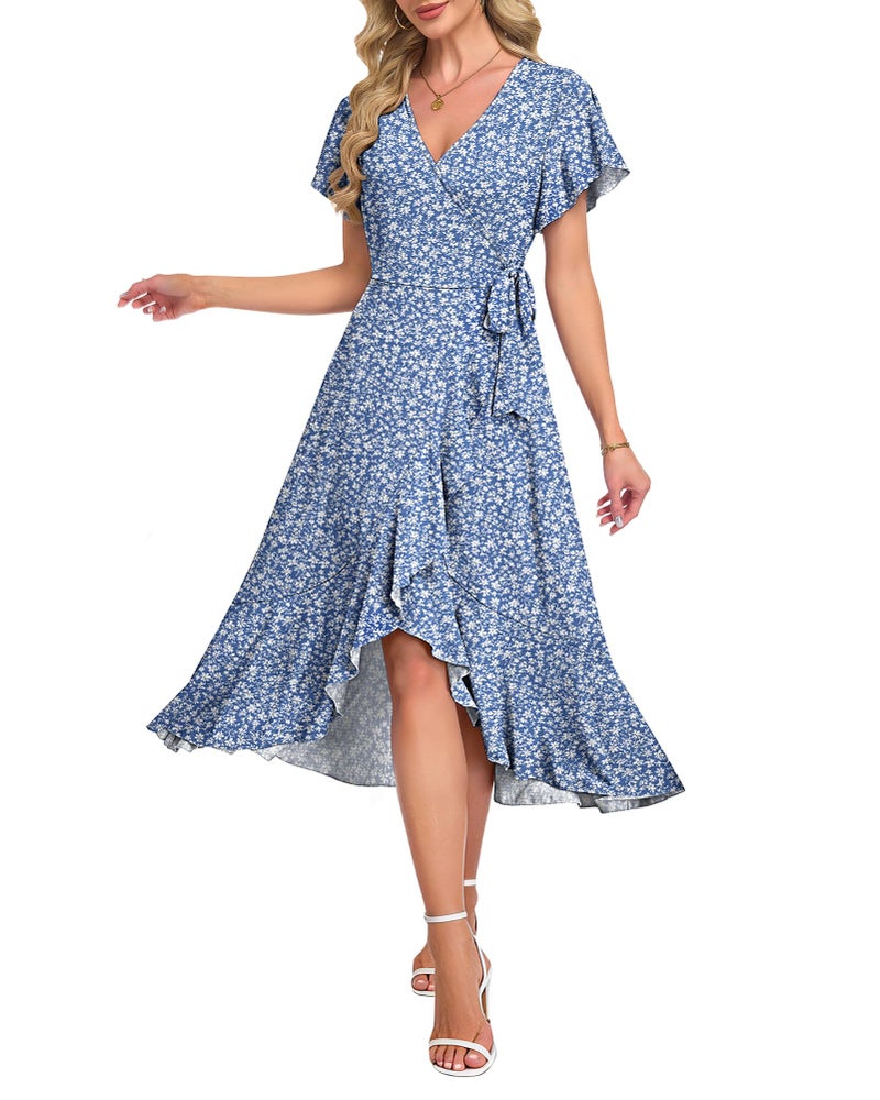 AUSELILY Women Summer Midi Dresses Wrap Short Flutter Sleeve V Neck Boho Slit Flowy Ruffle Dress Wedding Guest Dresses - Image 1