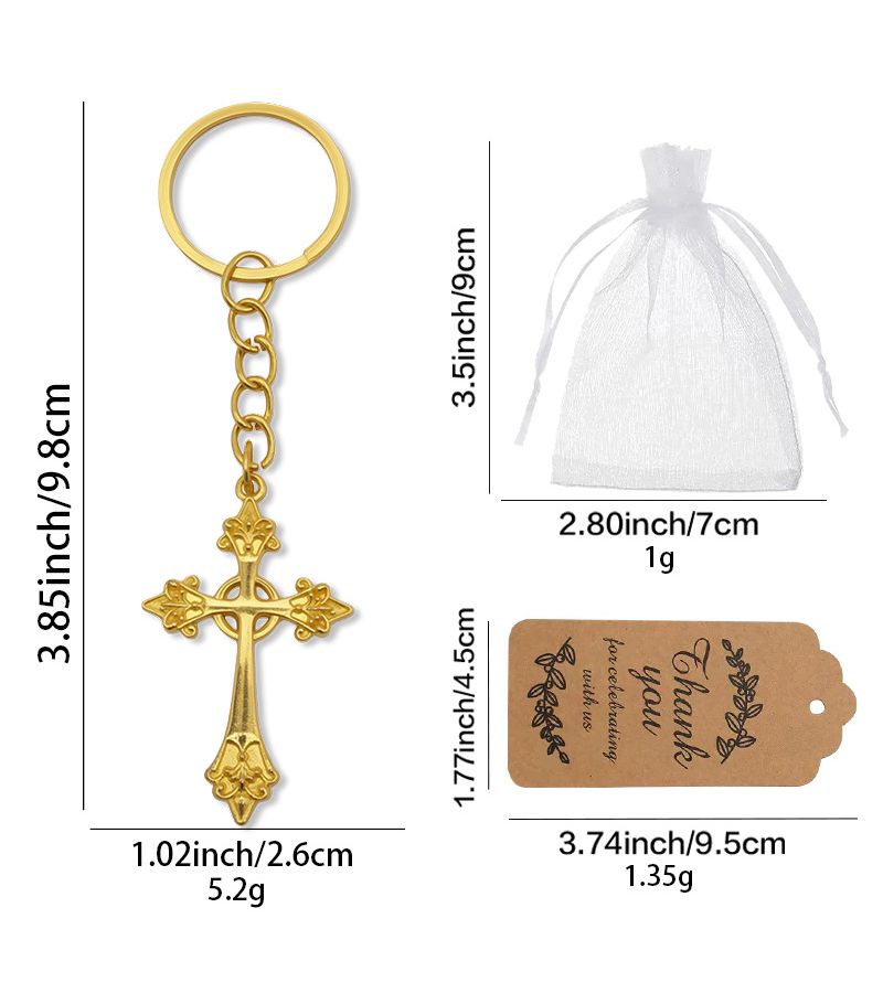 Golden Yellow 10 Pieces Hollow Out Cross Keychain Set Gift For Her Or Him With Tag Cards And Organza Bags For Baptism Party Decorations Shower Souvenirs - Image 3