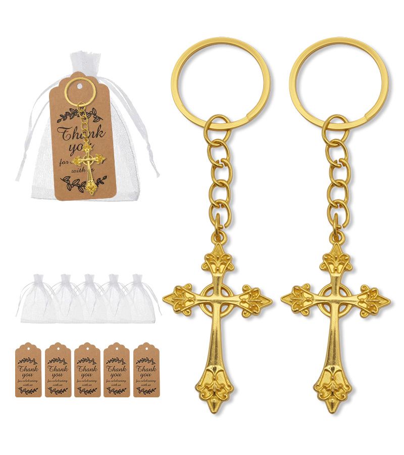 Golden Yellow 10 Pieces Hollow Out Cross Keychain Set Gift For Her Or Him With Tag Cards And Organza Bags For Baptism Party Decorations Shower Souvenirs - Image 1