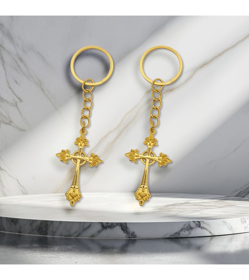Golden Yellow 10 Pieces Hollow Out Cross Keychain Set Gift For Her Or Him With Tag Cards And Organza Bags For Baptism Party Decorations Shower Souvenirs - Image 2