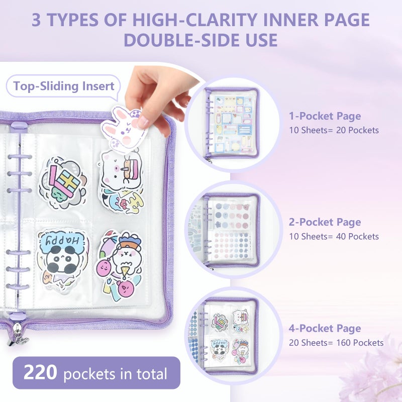 NOCAFI Sticker Organizer Binder Storage Book A5 Reusable Sticker Book Collecting Holder Display Album with 220 Pockets and Zipper Closure (Purple) - Image 3