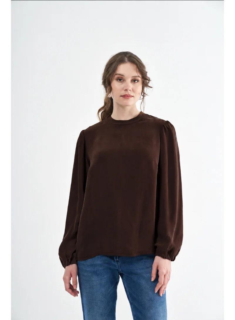 MissWhence Elegant Gathered-Shoulder Cupro Silk Blouse - Brown