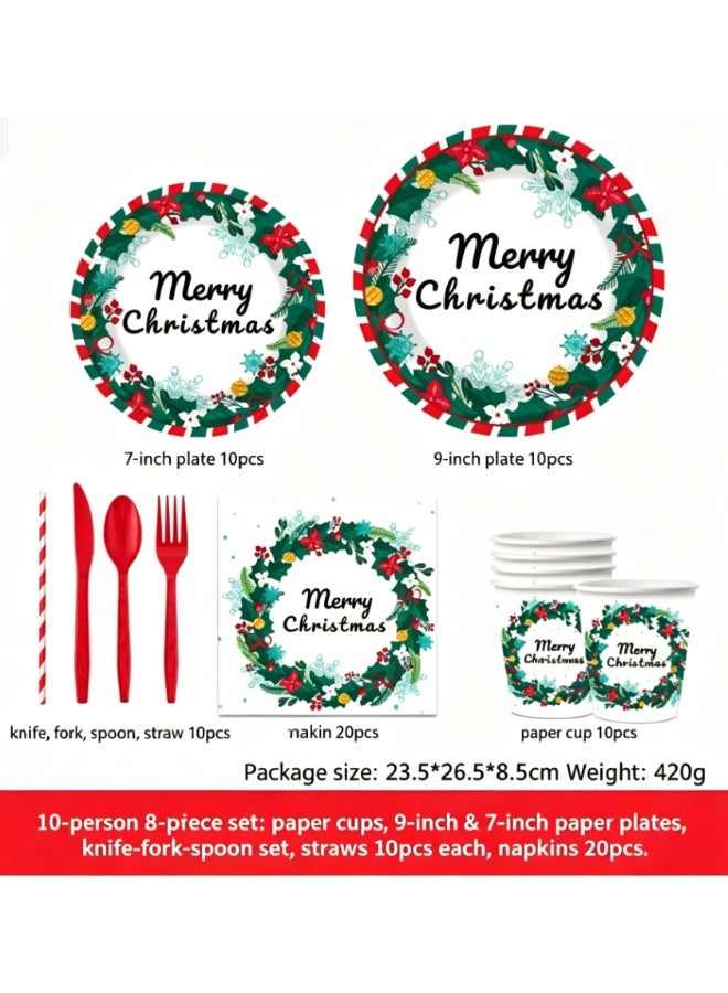 Christmas Disposable Party Tableware Set for 10 Guests - Santa Theme Plates, Cups, Napkins, Utensils - Image 2