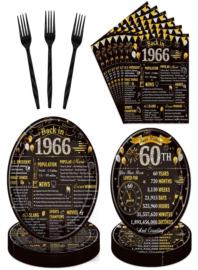Refavor 60th Birthday Decorations for Men Woman, 96PCS Birthday Party Paper Plates and Napkins Forks Supplies, Vintage Black and Gold Birhday Disposable Party Tableware Decor (24 Guests) - Image 1
