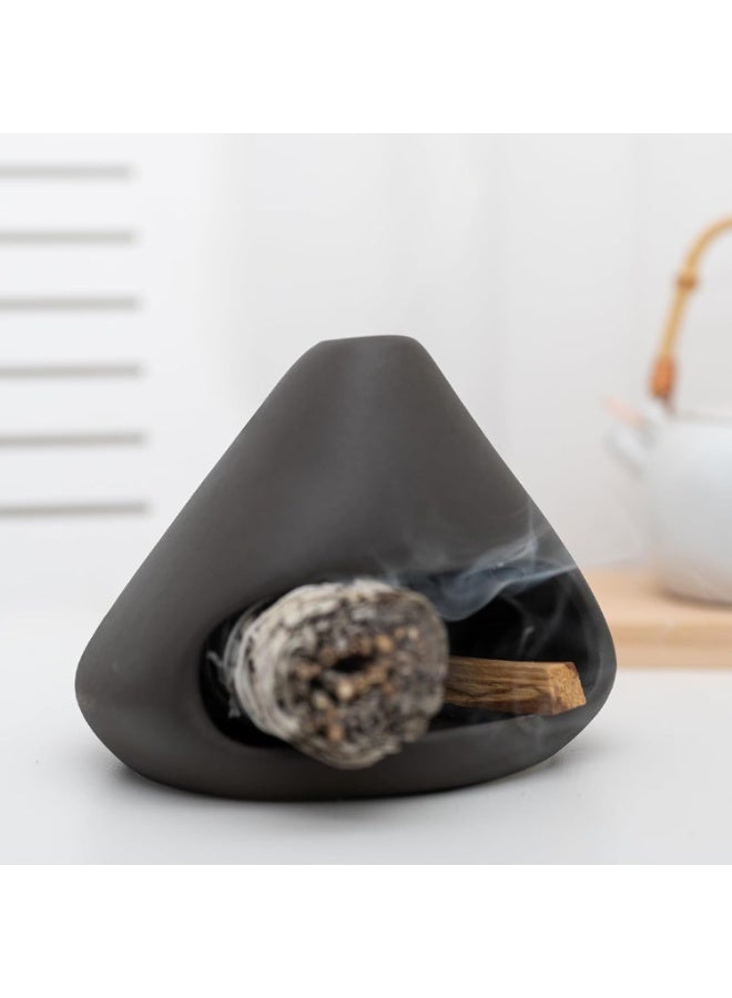 Ceramic Incense Burner with Chimney, 14cm Clay Smudge Bowl for Sage & Cones, Black - Image 2