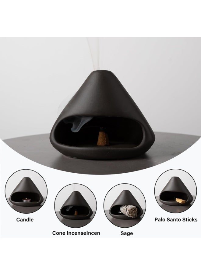 Ceramic Incense Burner with Chimney, 14cm Clay Smudge Bowl for Sage & Cones, Black - Image 4