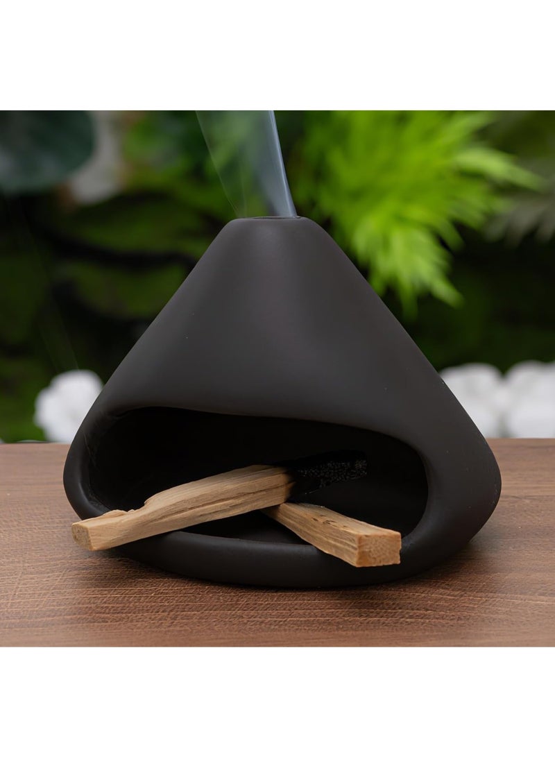 Ceramic Incense Burner with Chimney, 14cm Clay Smudge Bowl for Sage & Cones, Black - Image 1