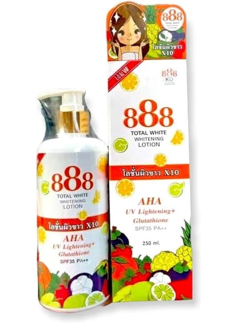 888 TOTAL WHITE 10X Whitening Lotion, AHA UV Lightening, Glutathione, and SPF 35 PA++ for Even, Flawless, and Radiantly Whiter Skin, Deep Nourishment for Lasting Radiance in a 250ml Bottle. - Image 1