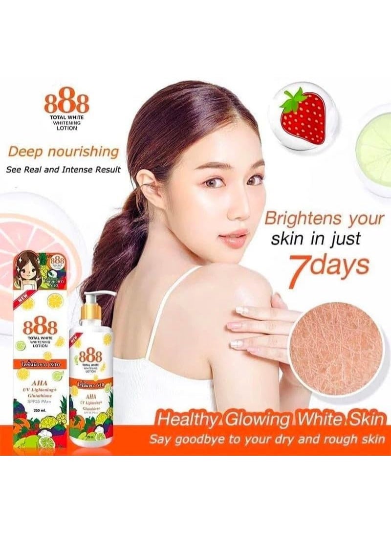 888 TOTAL WHITE 10X Whitening Lotion, AHA UV Lightening, Glutathione, and SPF 35 PA++ for Even, Flawless, and Radiantly Whiter Skin, Deep Nourishment for Lasting Radiance in a 250ml Bottle. - Image 3