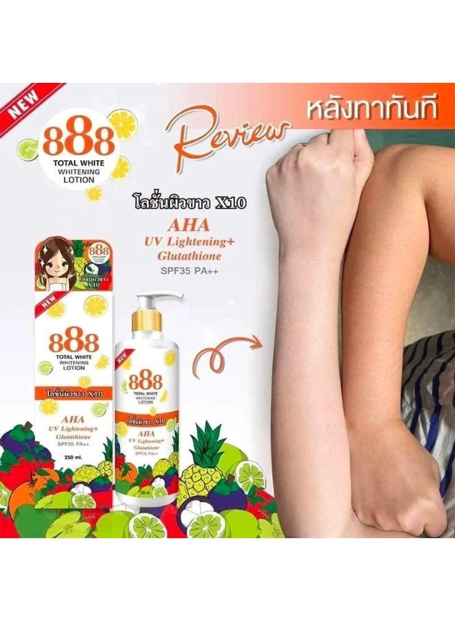 888 TOTAL WHITE 10X Whitening Lotion, AHA UV Lightening, Glutathione, and SPF 35 PA++ for Even, Flawless, and Radiantly Whiter Skin, Deep Nourishment for Lasting Radiance in a 250ml Bottle. - Image 2