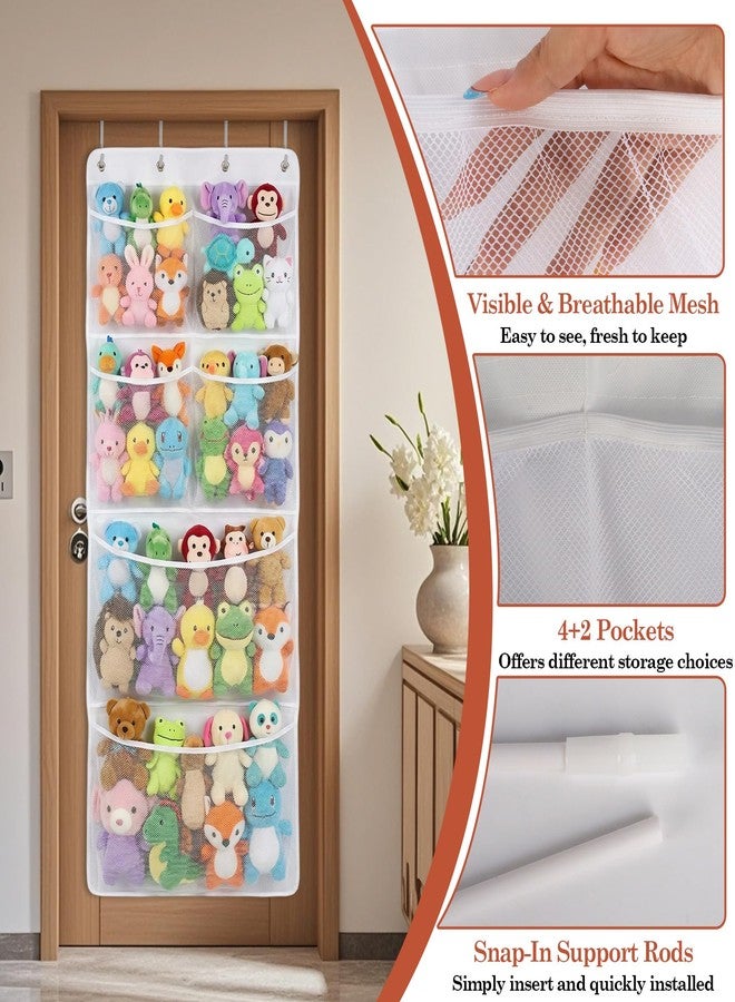Klmnop Over the Door Stuffed Animal Organizer, Hanging Storage with 6 Expandable Mesh Pockets & Metal Hooks, Non-Woven Fabric Organizer for Bedroom, Playroom, 23.6x65.8 Inches, White - Image 3