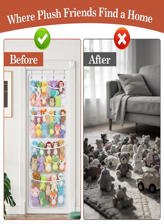 Klmnop Over the Door Stuffed Animal Organizer, Hanging Storage with 6 Expandable Mesh Pockets & Metal Hooks, Non-Woven Fabric Organizer for Bedroom, Playroom, 23.6x65.8 Inches, White - Image 4