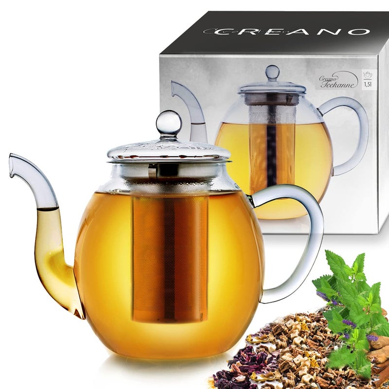 Creano Glass Teapot 1500ml  Stovetop Safe Tea Kettle with Stainless Steel Infuser and Glass Lid  Ideal for Preparing Loose Teas  Drip Free