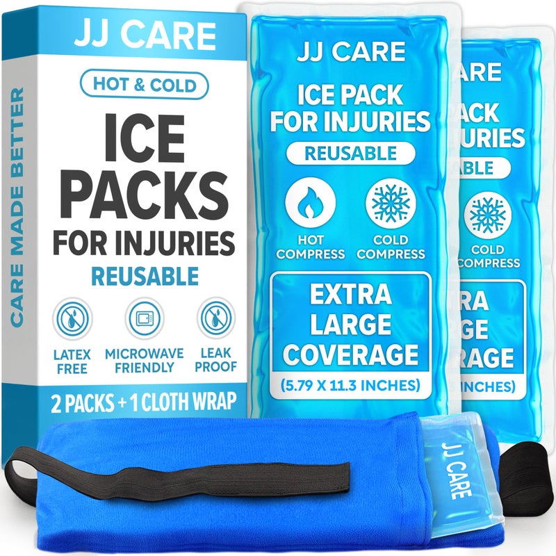 حزم JJ CARE الثلجية للإصابات قابلة لإعادة الاستخدام عبوة من 2 حزمة جيل ثلجي XL قابلة لإعادة الاستخدام لآلام الإصابات مع لف مرن للعلاج للركبة والظهر والرقبة والمعصم والكاحل