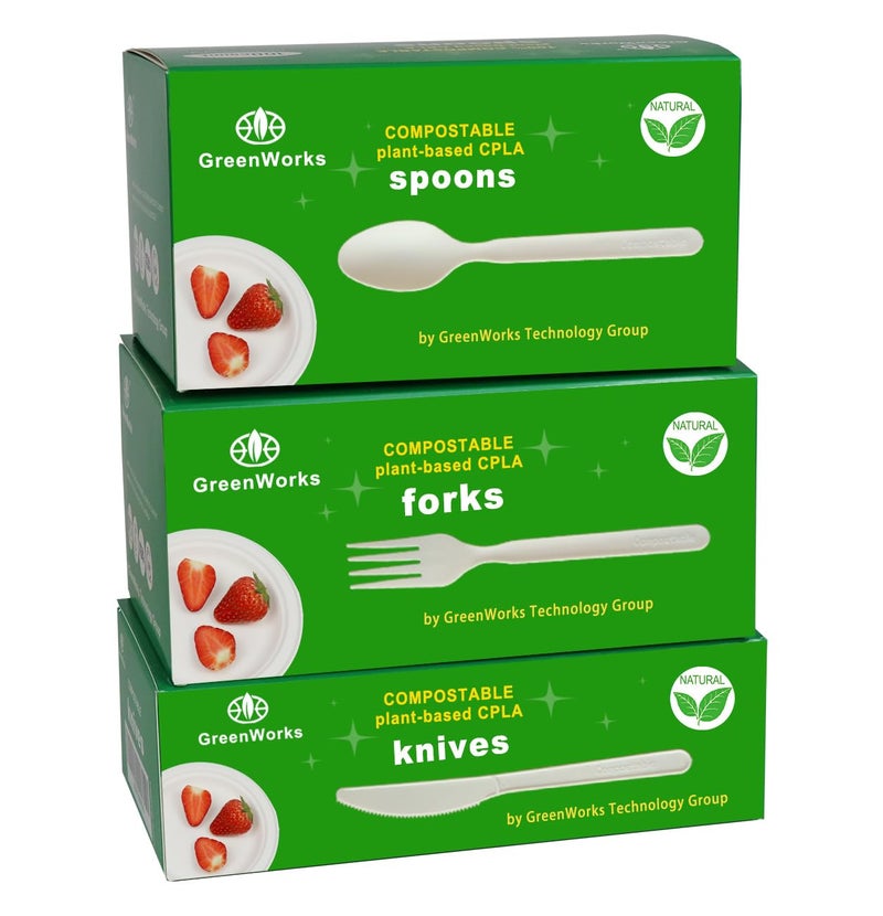 Greenworks GreenWorks 300 Count 7 Heavyduty Compostable Cutlery Set100 Forks 100 Spoons 100 KnivesBPI Certified Large t Disposable Biobased Cutlery 