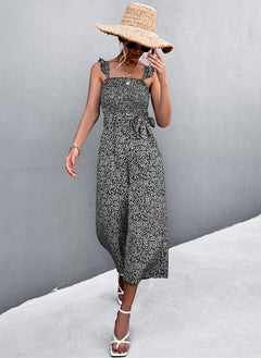 Sweet Suspender Floral Ruffle Bandage Jumpsuits Black