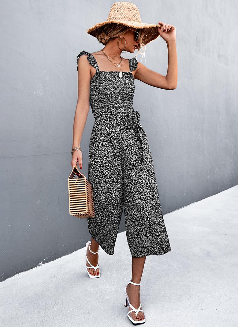 Generic - Sweet Suspender Floral Ruffle Bandage Jumpsuits Black - Image 1