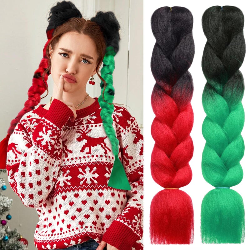 2 Pcs BlackRed BlackGreen Ombre Braiding Hair Extensions for Women Jumbo High Temperature Synthetic Braiding Hair 24 Inch Pre stretched Fiber Hair Twist Crochet Braids for Christmas Makeup Party